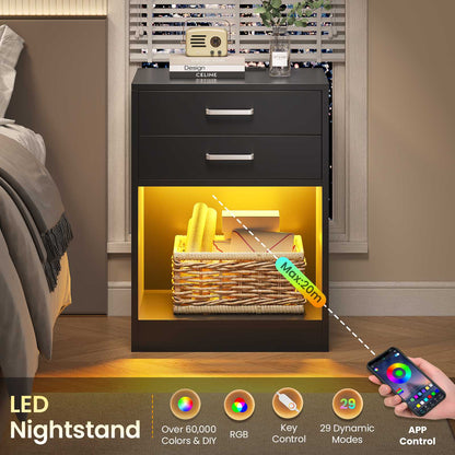 ADORNEVE LED Nightstands Set of 2 with Charging Station Black Bedside Table with Power Outlets and Drawers