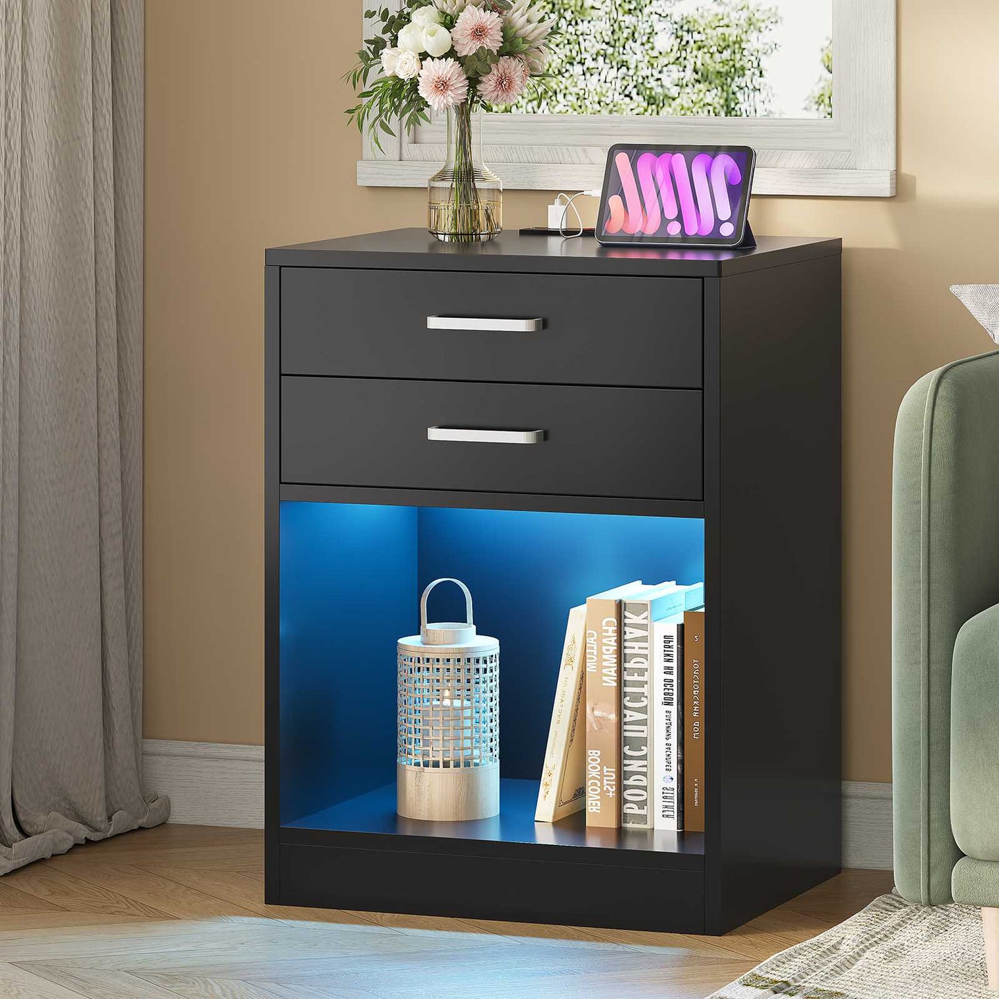 ADORNEVE LED Nightstands Set of 2 with Charging Station Black Bedside Table with Power Outlets and Drawers