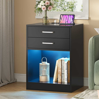 ADORNEVE LED Nightstands Set of 2 with Charging Station Black Bedside Table with Power Outlets and Drawers