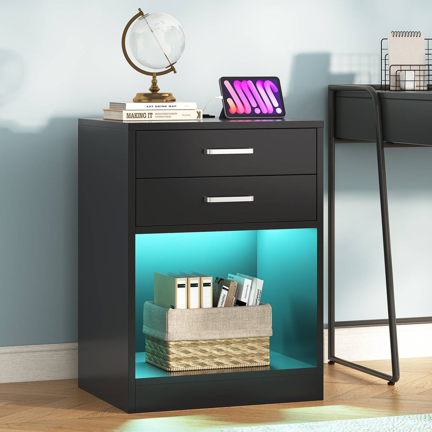 ADORNEVE LED Nightstands Set of 2 with Charging Station Black Bedside Table with Power Outlets and Drawers