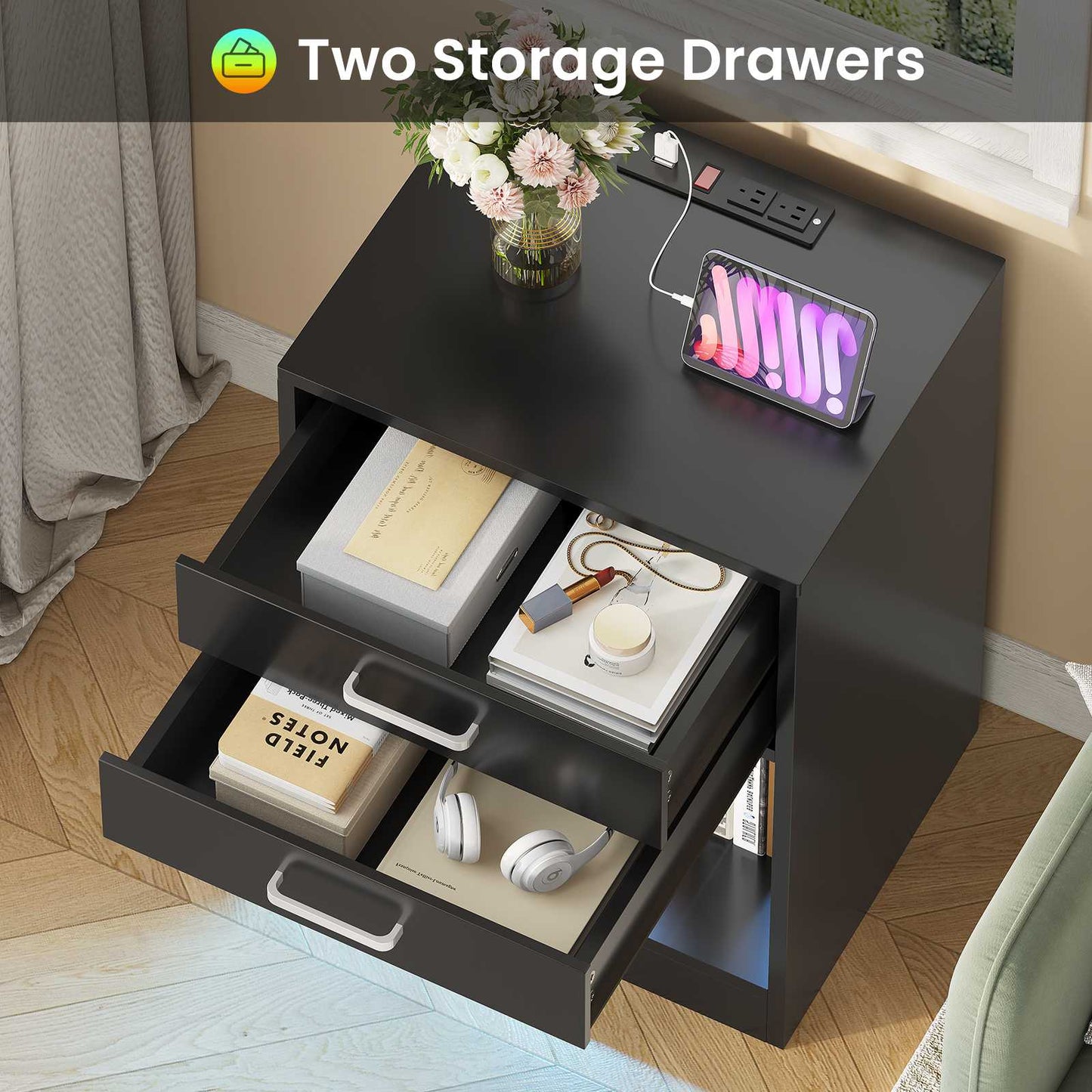 ADORNEVE LED Nightstands Set of 2 with Charging Station Black Bedside Table with Power Outlets and Drawers