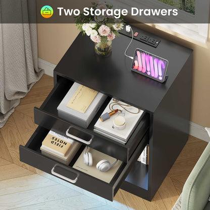 ADORNEVE LED Nightstands Set of 2 with Charging Station Black Bedside Table with Power Outlets and Drawers