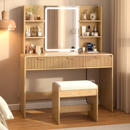 ADORNEVE Fluted Vanity Desk with Stool and LED Mirror Makeup Vanity with Power Outlet