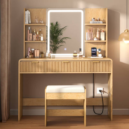 ADORNEVE Fluted Vanity Desk with Stool and LED Mirror Makeup Vanity with Power Outlet