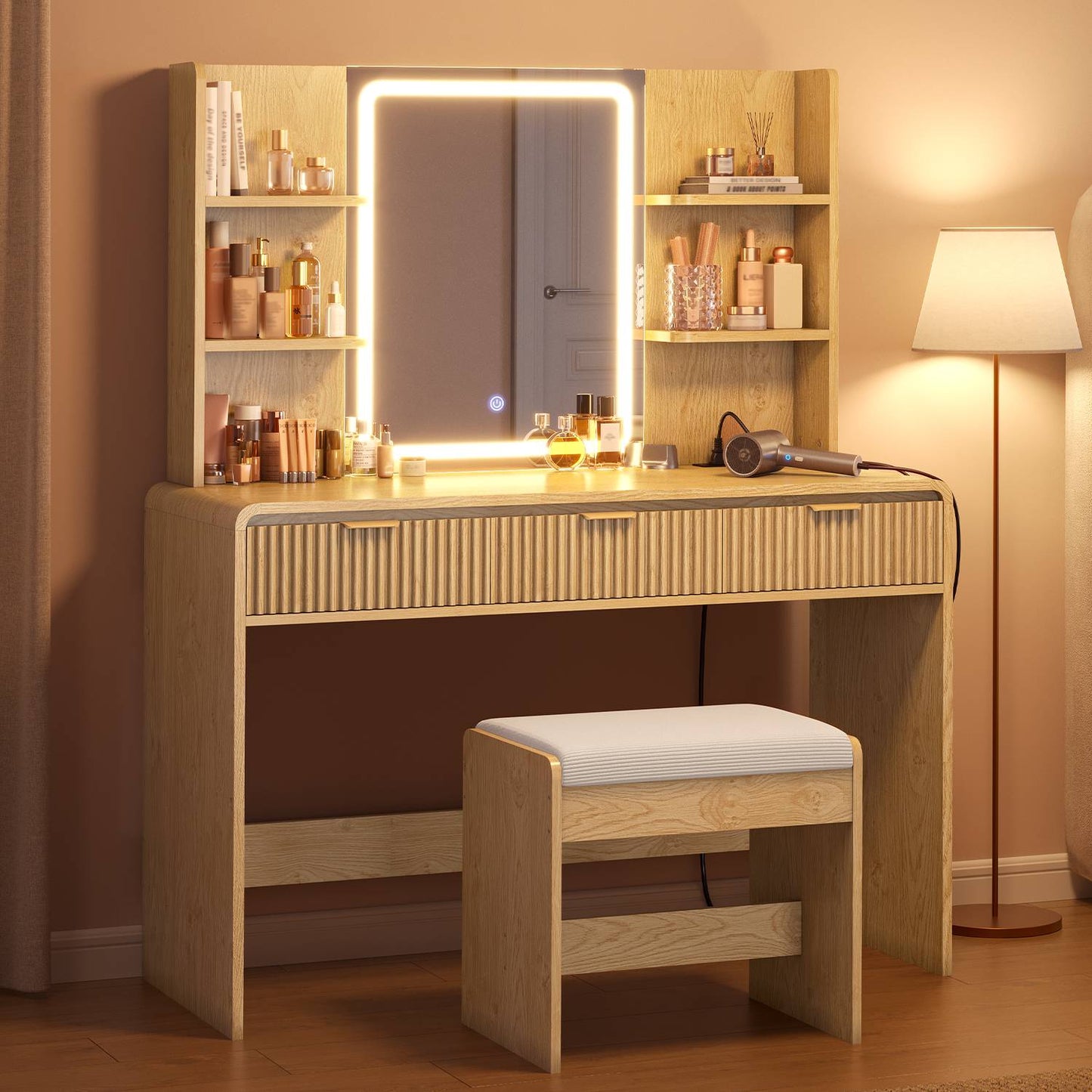 ADORNEVE Fluted Vanity Desk with Stool and LED Mirror Makeup Vanity with Power Outlet