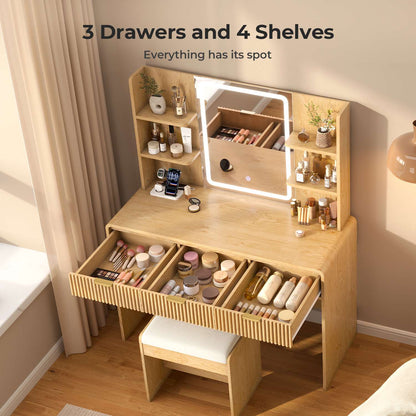 ADORNEVE Fluted Vanity Desk with Stool and LED Mirror Makeup Vanity with Power Outlet