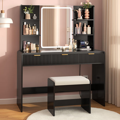 ADORNEVE Fluted Vanity Desk with Stool and LED Mirror Makeup Vanity with Power Outlet