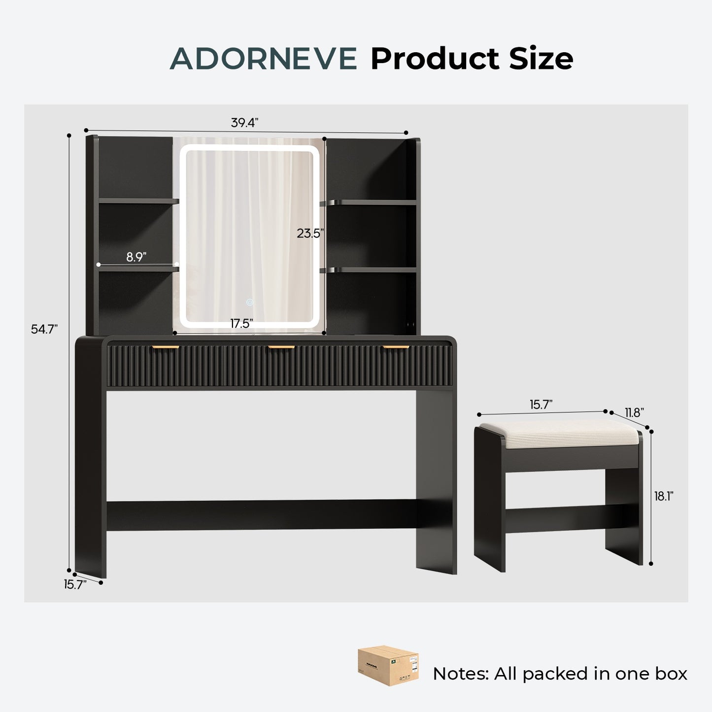 ADORNEVE Fluted Vanity Desk with Stool and LED Mirror Makeup Vanity with Power Outlet