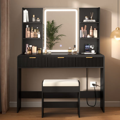 ADORNEVE Fluted Vanity Desk with Stool and LED Mirror Makeup Vanity with Power Outlet