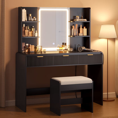 ADORNEVE Fluted Vanity Desk with Stool and LED Mirror Makeup Vanity with Power Outlet