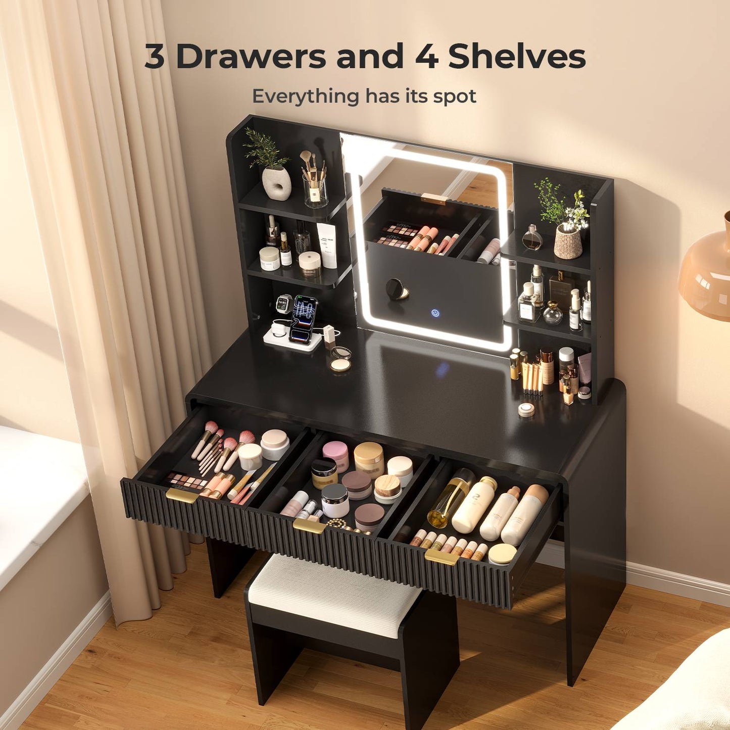 ADORNEVE Fluted Vanity Desk with Stool and LED Mirror Makeup Vanity with Power Outlet