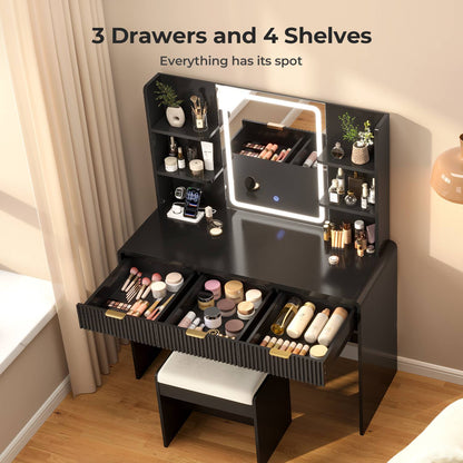 ADORNEVE Fluted Vanity Desk with Stool and LED Mirror Makeup Vanity with Power Outlet