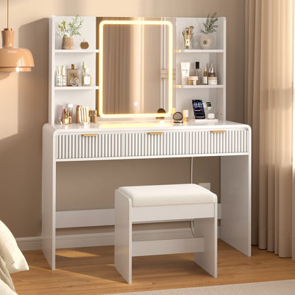 ADORNEVE Fluted Vanity Desk with Stool and LED Mirror Makeup Vanity with Power Outlet