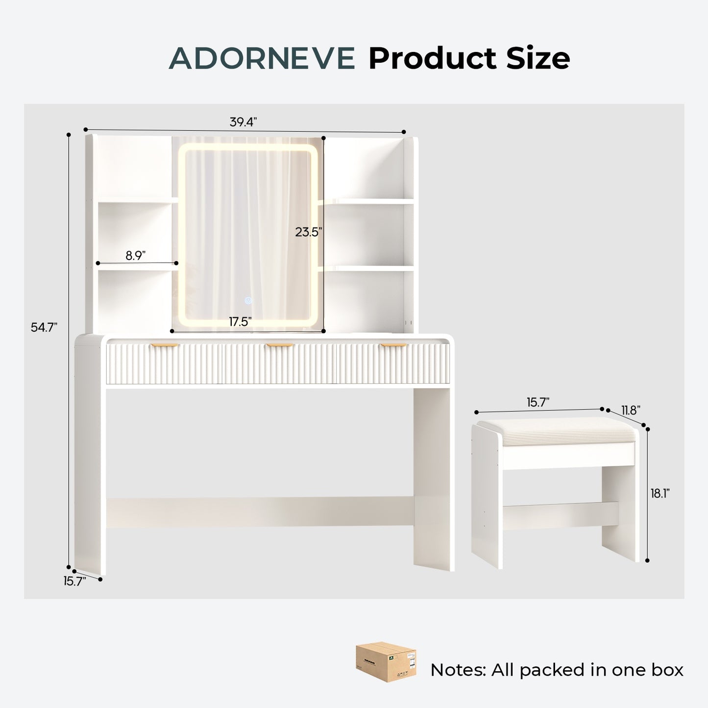 ADORNEVE Fluted Vanity Desk with Stool and LED Mirror Makeup Vanity with Power Outlet