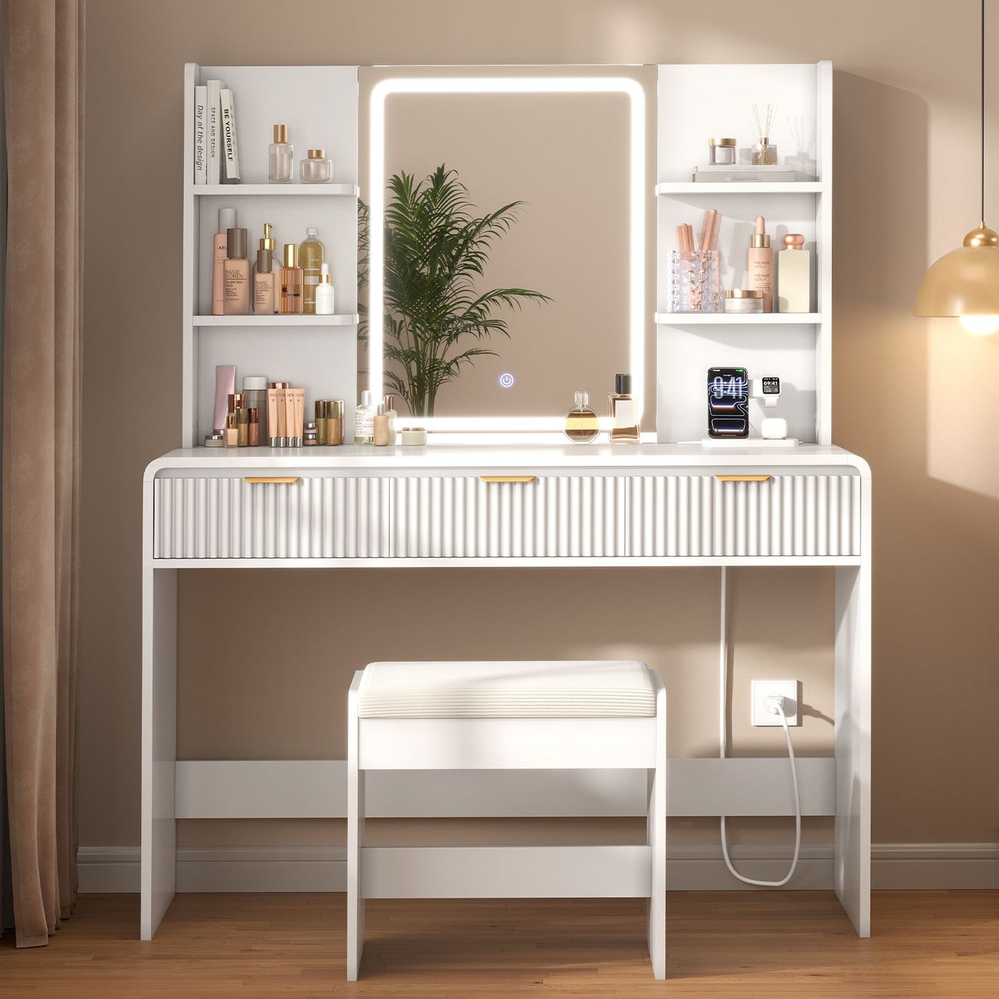 ADORNEVE Fluted Vanity Desk with Stool and LED Mirror Makeup Vanity with Power Outlet