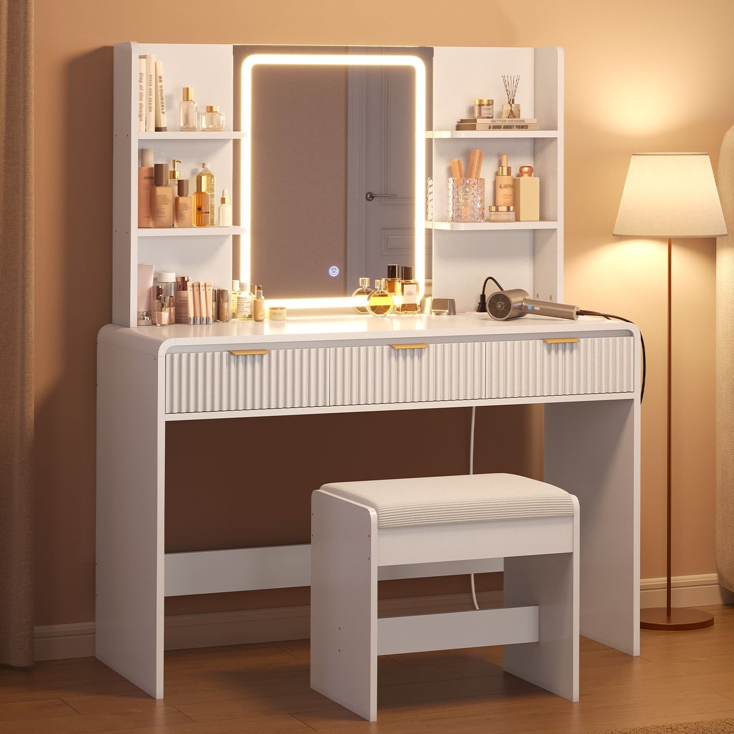 ADORNEVE Fluted Vanity Desk with Stool and LED Mirror Makeup Vanity with Power Outlet