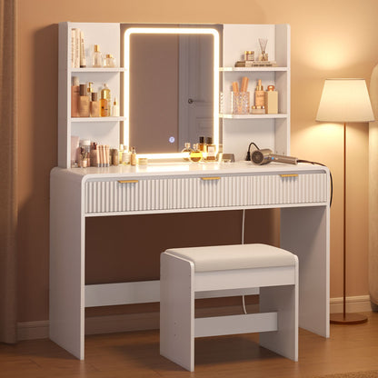 ADORNEVE Fluted Vanity Desk with Stool and LED Mirror Makeup Vanity with Power Outlet