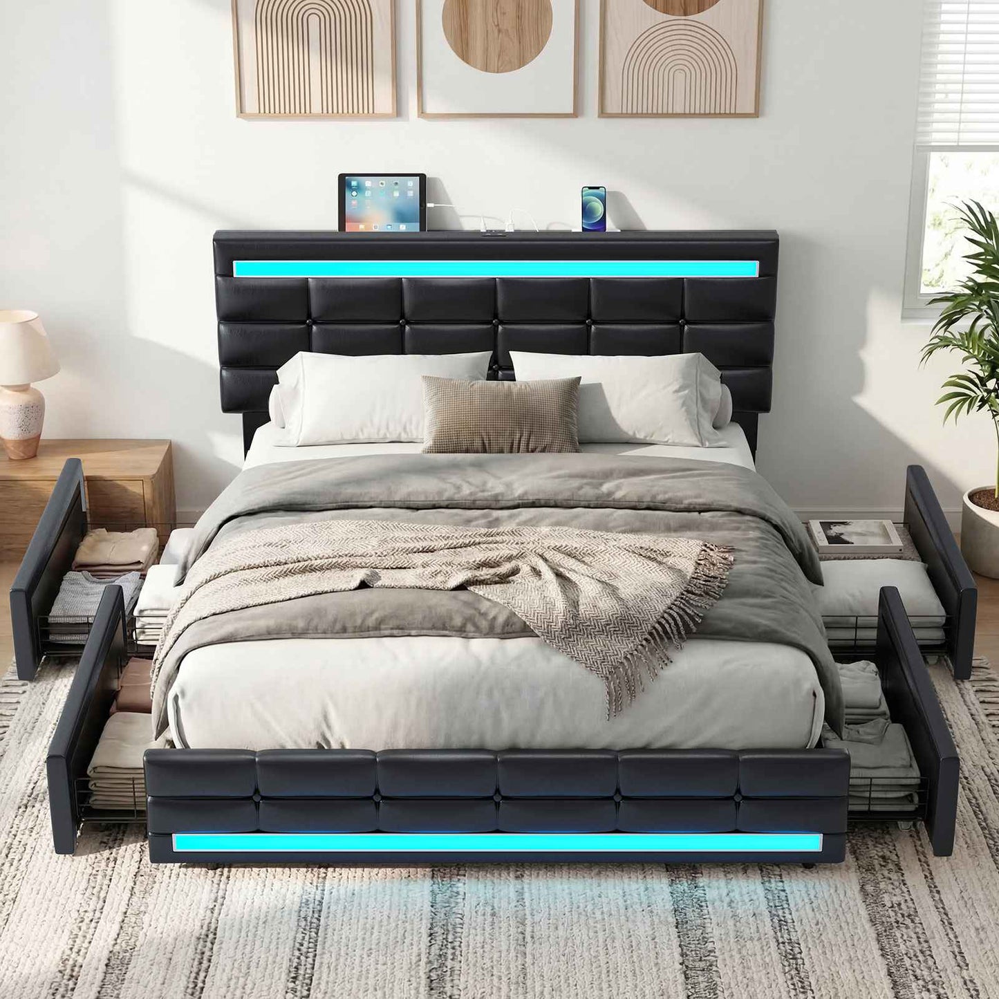 ADORNEVE Full Size LED Bed Frame with 4 Storage Drawers and  Charging Station Pu Leather Upholstered Platform Bed with Square Stitched Button Tufted Design