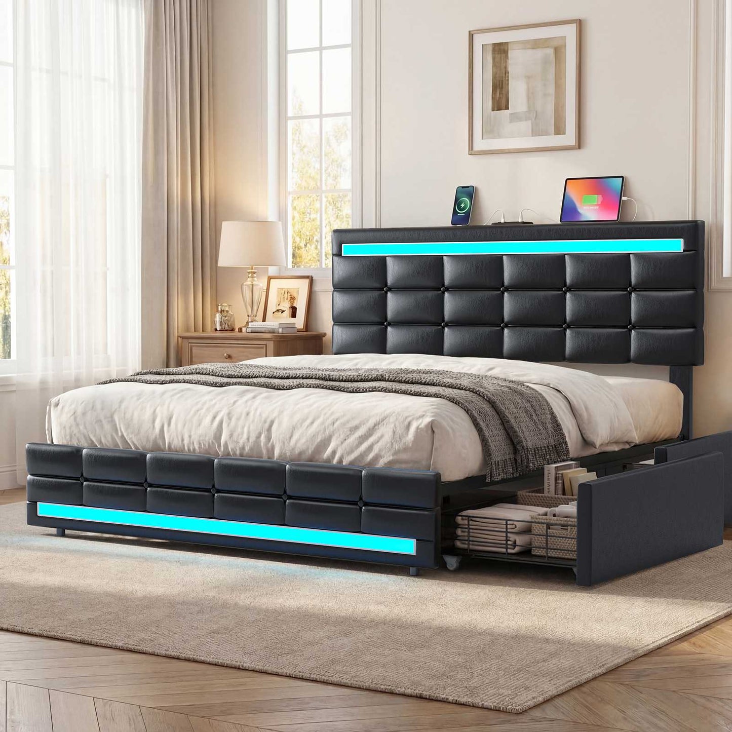 ADORNEVE Full Size LED Bed Frame with 4 Storage Drawers and  Charging Station Pu Leather Upholstered Platform Bed with Square Stitched Button Tufted Design