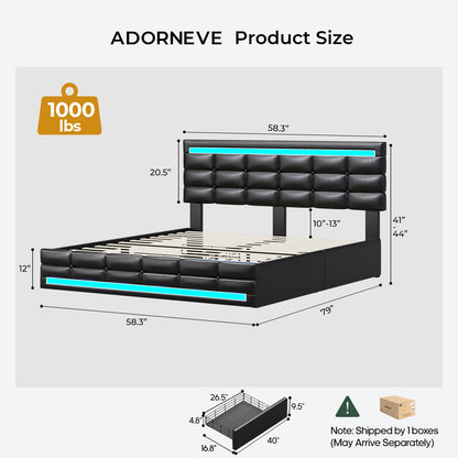 ADORNEVE Full Size LED Bed Frame with 4 Storage Drawers and  Charging Station Pu Leather Upholstered Platform Bed with Square Stitched Button Tufted Design