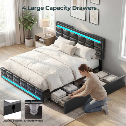 ADORNEVE Full Size LED Bed Frame with 4 Storage Drawers and  Charging Station Pu Leather Upholstered Platform Bed with Square Stitched Button Tufted Design