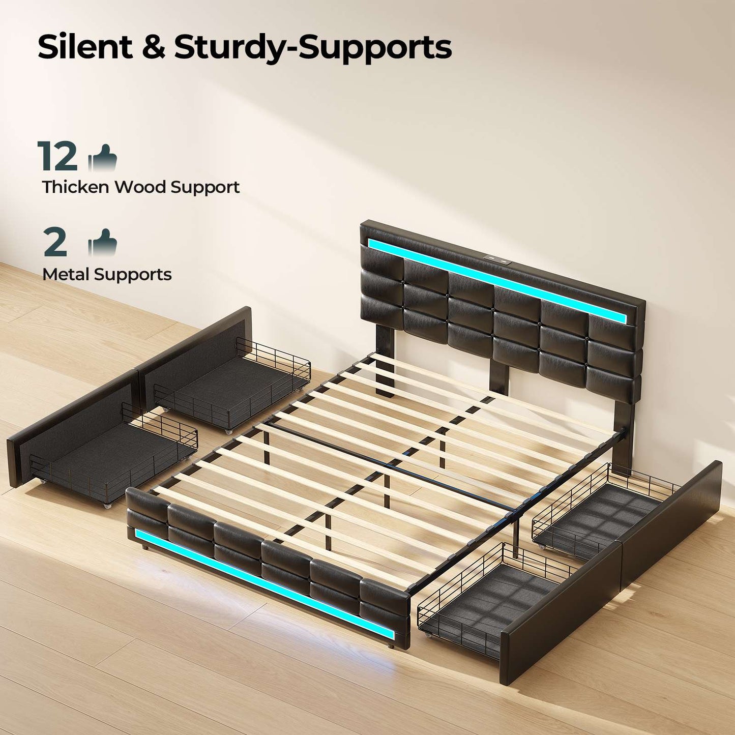 ADORNEVE Full Size LED Bed Frame with 4 Storage Drawers and  Charging Station Pu Leather Upholstered Platform Bed with Square Stitched Button Tufted Design