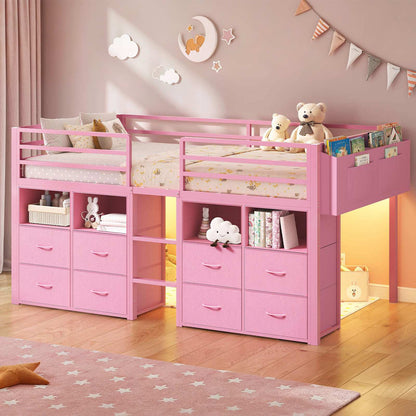 ADORNEVE Loft Bed Twin Size with 8 Storage Drawers and Bookcase Metal Kids Loft Bed with LED Lights and Safety Guardrail