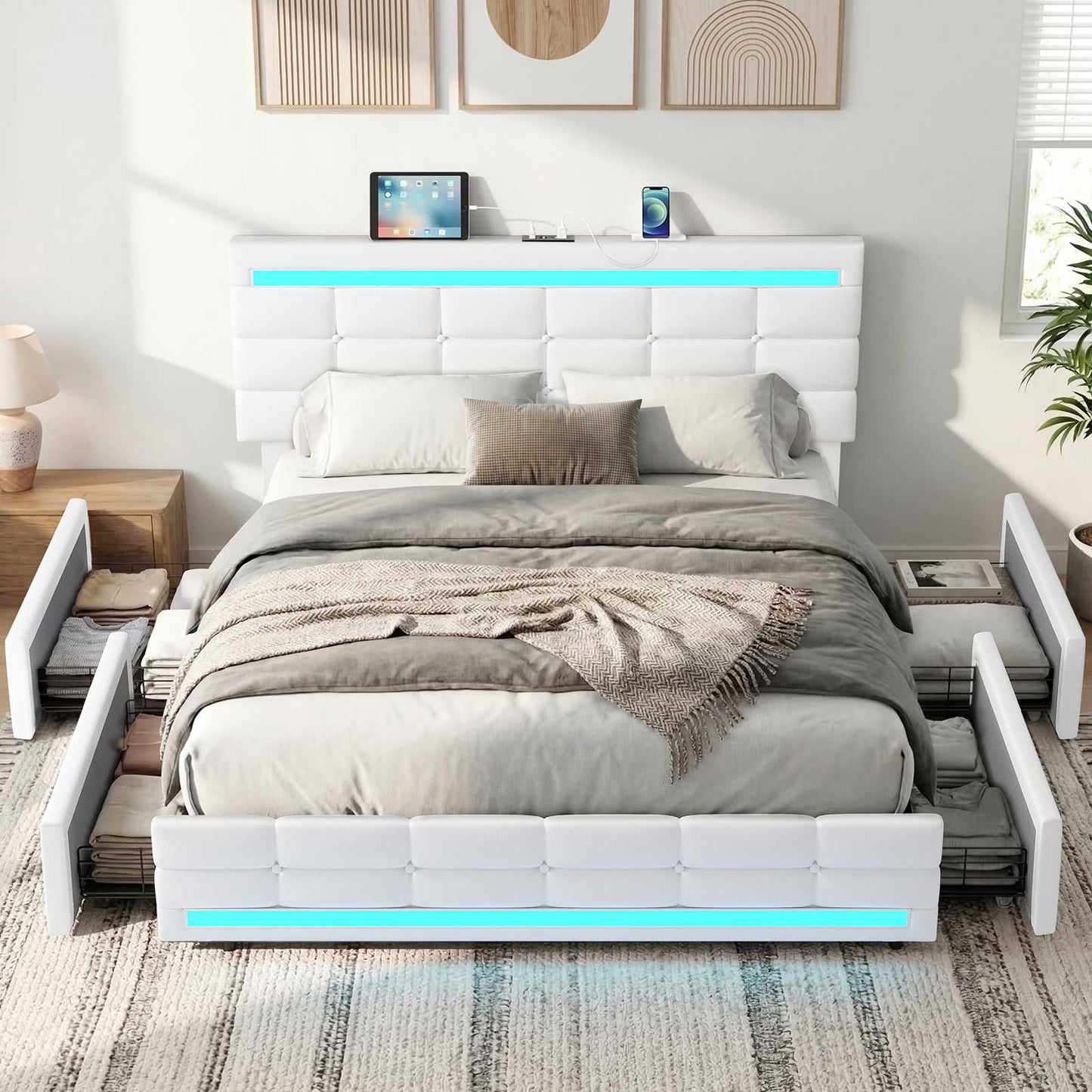ADORNEVE Full Size LED Bed Frame with 4 Storage Drawers and  Charging Station Pu Leather Upholstered Platform Bed with Square Stitched Button Tufted Design