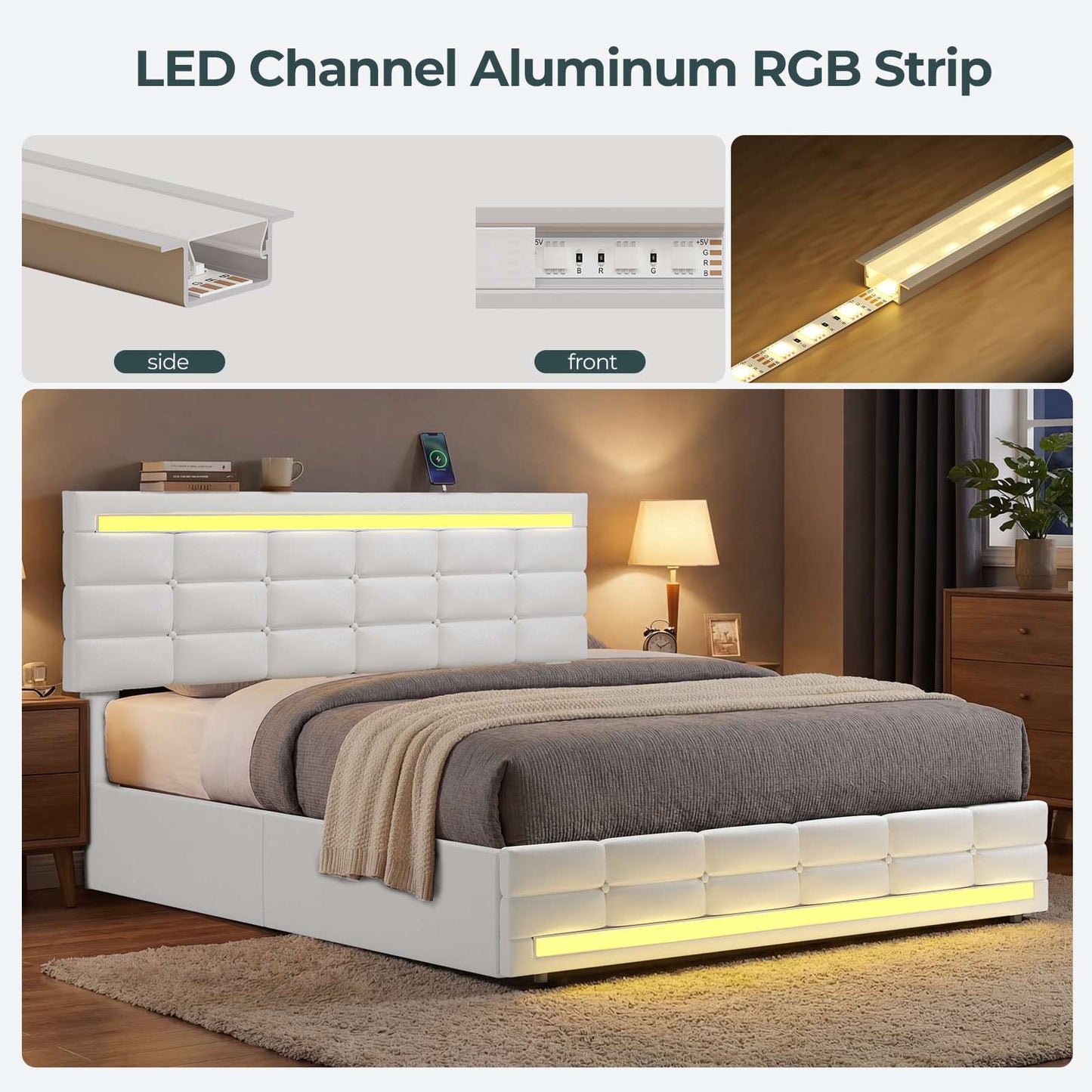 ADORNEVE Full Size LED Bed Frame with 4 Storage Drawers and  Charging Station Pu Leather Upholstered Platform Bed with Square Stitched Button Tufted Design