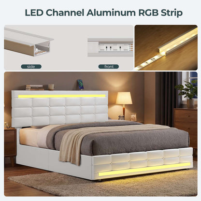 ADORNEVE Full Size LED Bed Frame with 4 Storage Drawers and  Charging Station Pu Leather Upholstered Platform Bed with Square Stitched Button Tufted Design