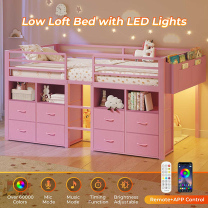 ADORNEVE Loft Bed Twin Size with 8 Storage Drawers and Bookcase Metal Kids Loft Bed with LED Lights and Safety Guardrail