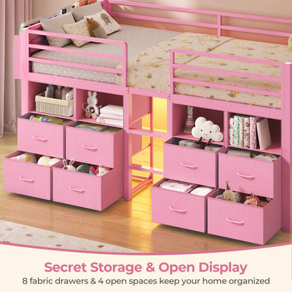 ADORNEVE Loft Bed Twin Size with 8 Storage Drawers and Bookcase Metal Kids Loft Bed with LED Lights and Safety Guardrail