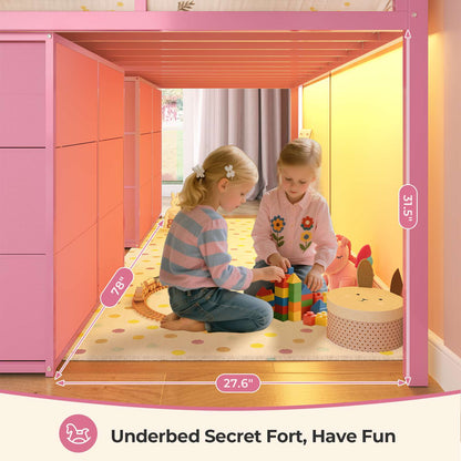 ADORNEVE Loft Bed Twin Size with 8 Storage Drawers and Bookcase Metal Kids Loft Bed with LED Lights and Safety Guardrail