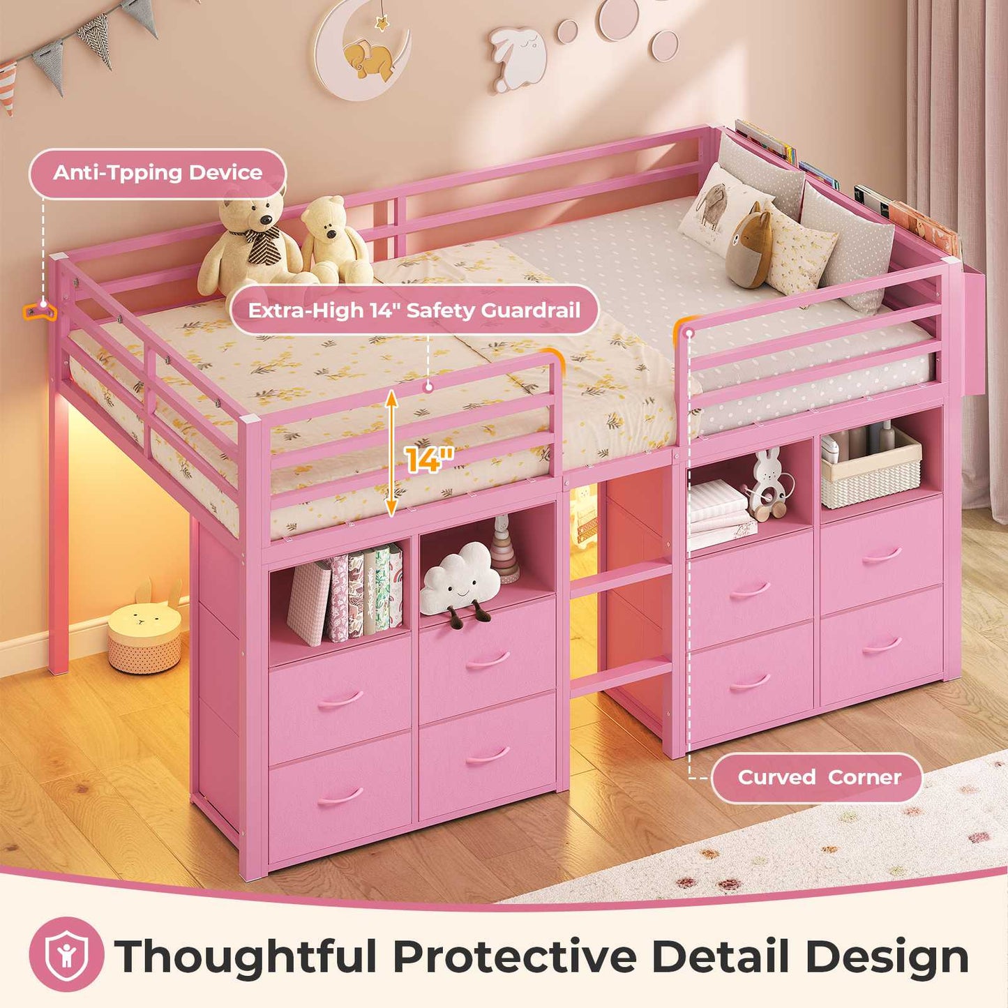 ADORNEVE Loft Bed Twin Size with 8 Storage Drawers and Bookcase Metal Kids Loft Bed with LED Lights and Safety Guardrail