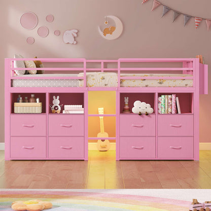 ADORNEVE Loft Bed Twin Size with 8 Storage Drawers and Bookcase Metal Kids Loft Bed with LED Lights and Safety Guardrail