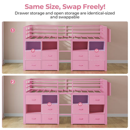 ADORNEVE Loft Bed Twin Size with 8 Storage Drawers and Bookcase Metal Kids Loft Bed with LED Lights and Safety Guardrail