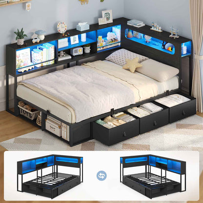 ADORNEVE Corner Bed Frame Full Size with Bookcase Storage and Charging Station LED Metal Daybed with 3 Drawers and 2 Open Cubbies