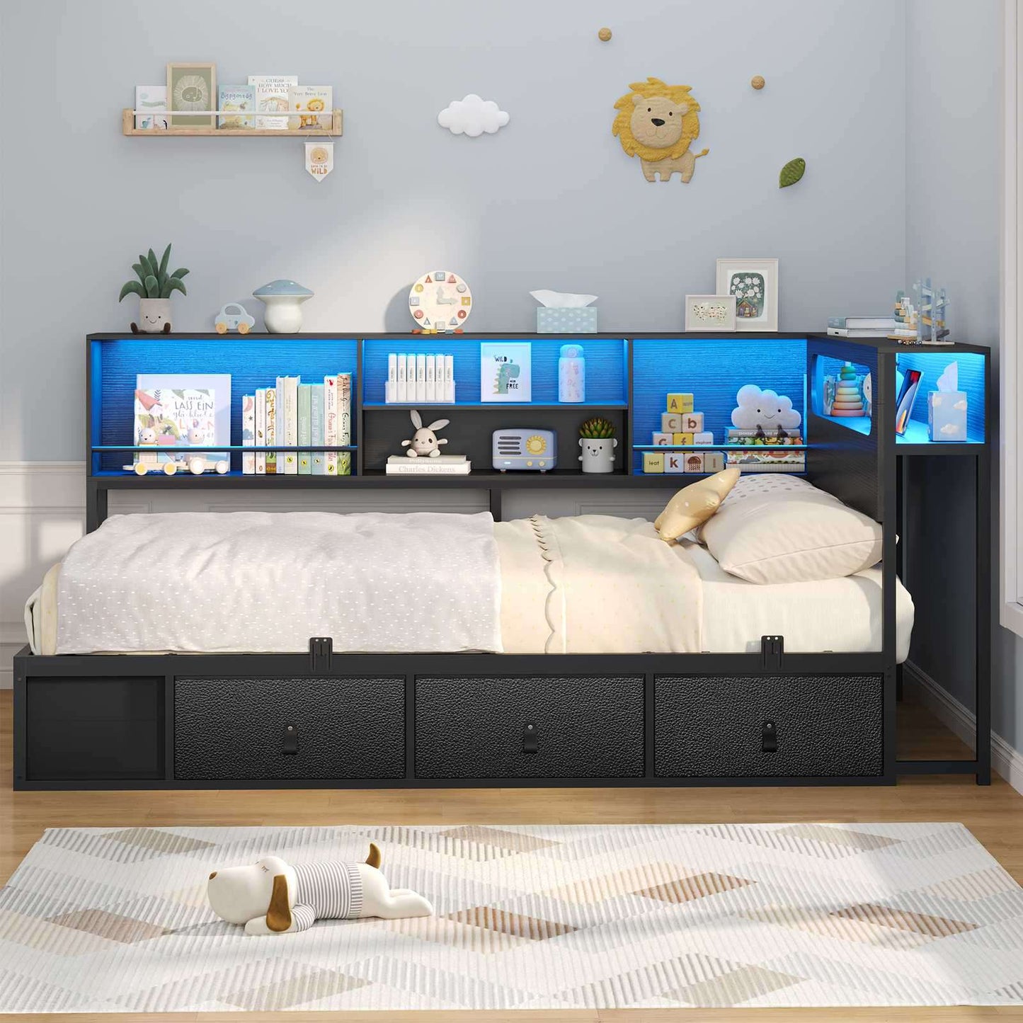 ADORNEVE Corner Bed Frame Full Size with Bookcase Storage and Charging Station LED Metal Daybed with 3 Drawers and 2 Open Cubbies