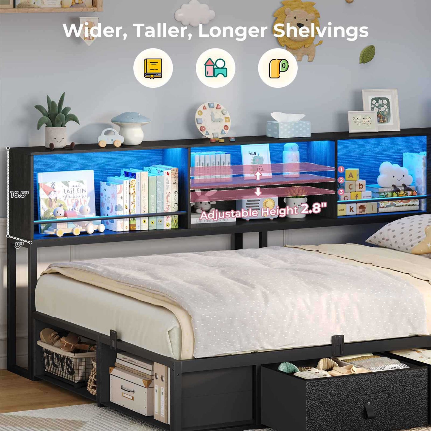 ADORNEVE Corner Bed Frame Full Size with Bookcase Storage and Charging Station LED Metal Daybed with 3 Drawers and 2 Open Cubbies