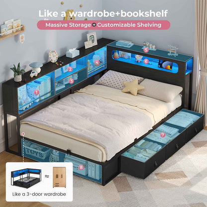 ADORNEVE Corner Bed Frame Full Size with Bookcase Storage and Charging Station LED Metal Daybed with 3 Drawers and 2 Open Cubbies