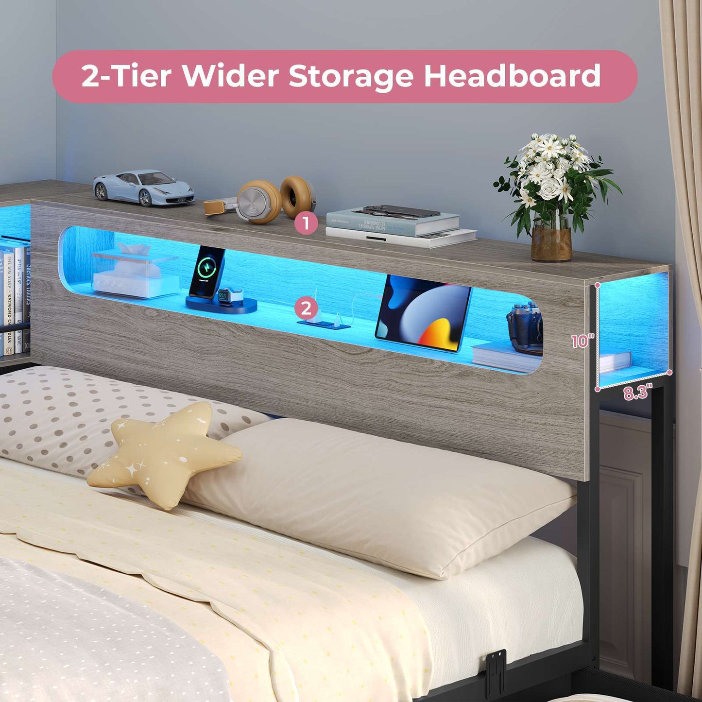 ADORNEVE Corner Bed Frame Full Size with Bookcase Storage and Charging Station LED Metal Daybed with 3 Drawers and 2 Open Cubbies