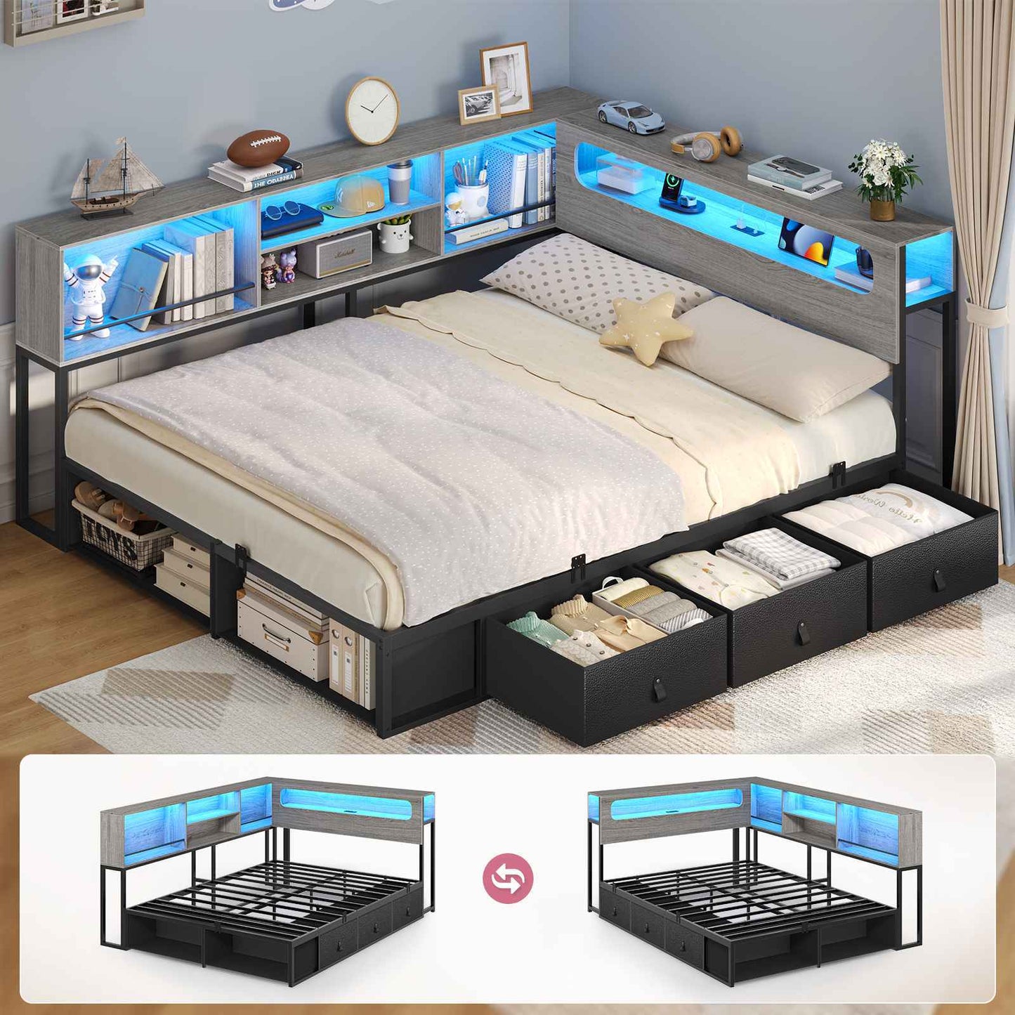 ADORNEVE Corner Bed Frame Full Size with Bookcase Storage and Charging Station LED Metal Daybed with 3 Drawers and 2 Open Cubbies