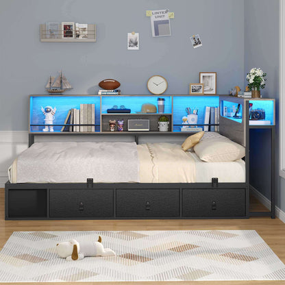 ADORNEVE Corner Bed Frame Full Size with Bookcase Storage and Charging Station LED Metal Daybed with 3 Drawers and 2 Open Cubbies