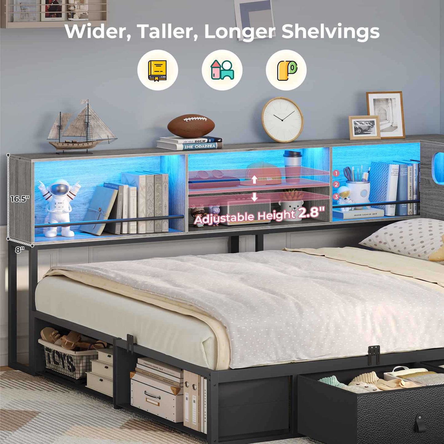 ADORNEVE Corner Bed Frame Full Size with Bookcase Storage and Charging Station LED Metal Daybed with 3 Drawers and 2 Open Cubbies