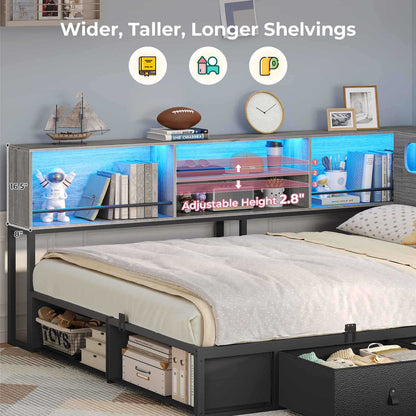 ADORNEVE Corner Bed Frame Full Size with Bookcase Storage and Charging Station LED Metal Daybed with 3 Drawers and 2 Open Cubbies