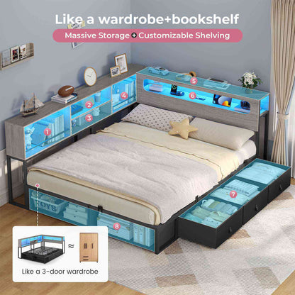 ADORNEVE Corner Bed Frame Full Size with Bookcase Storage and Charging Station LED Metal Daybed with 3 Drawers and 2 Open Cubbies