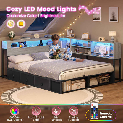 ADORNEVE Corner Bed Frame Full Size with Bookcase Storage and Charging Station LED Metal Daybed with 3 Drawers and 2 Open Cubbies