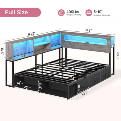ADORNEVE Corner Bed Frame Full Size with Bookcase Storage and Charging Station LED Metal Daybed with 3 Drawers and 2 Open Cubbies