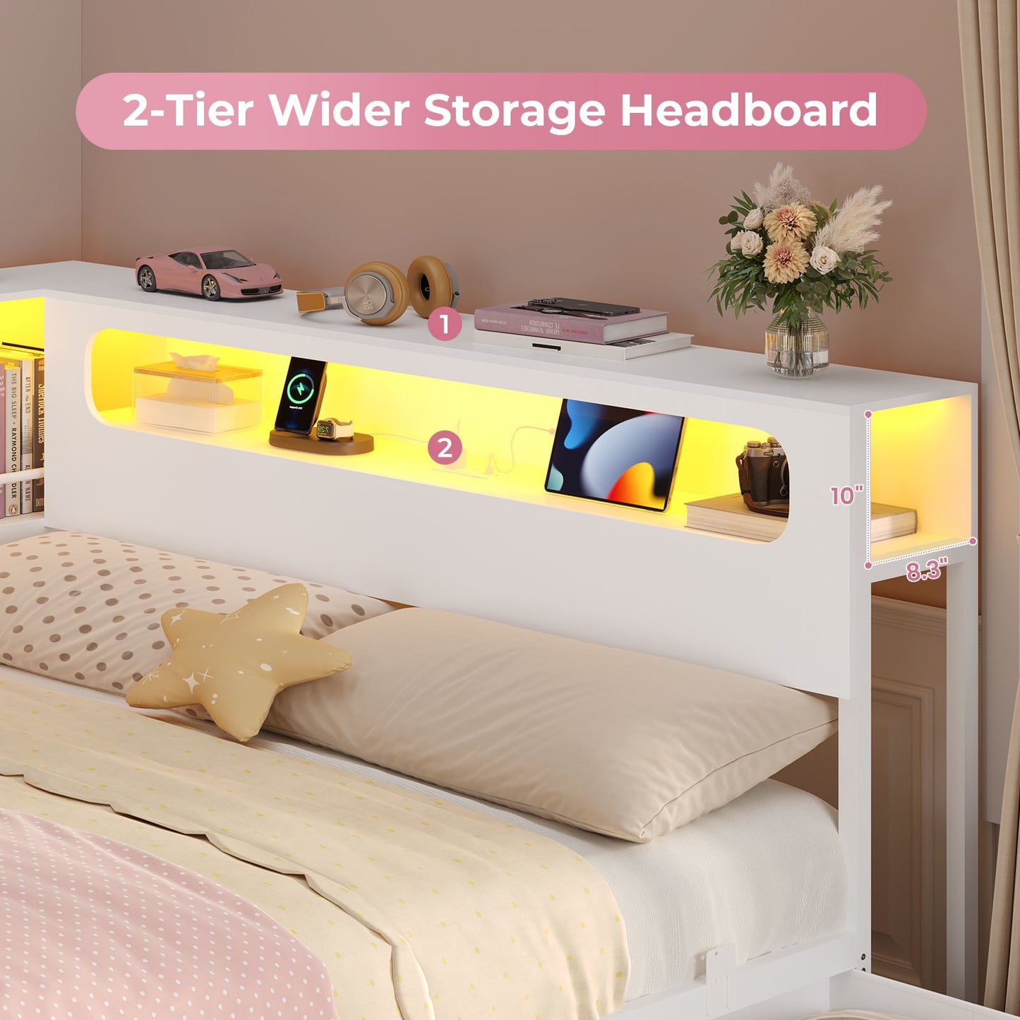 ADORNEVE Corner Bed Frame Full Size with Bookcase Storage and Charging Station LED Metal Daybed with 3 Drawers and 2 Open Cubbies