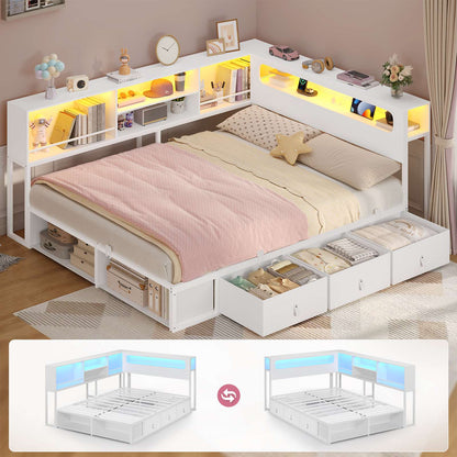 ADORNEVE Corner Bed Frame Full Size with Bookcase Storage and Charging Station LED Metal Daybed with 3 Drawers and 2 Open Cubbies